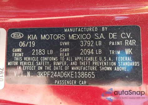 2019 Kia Forte Lxs z USA, uszkodzony, nr VIN 3KPF24AD6KE138665